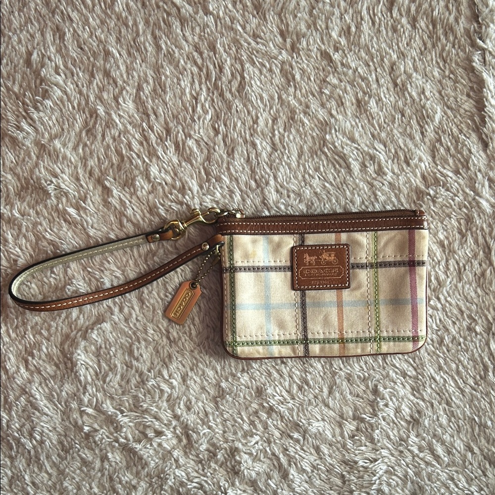 Coach Multicolor Plaid Wristlet with Brown Leather Trim